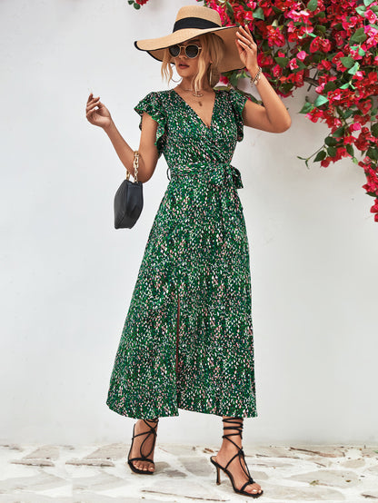 Ivy Printed Surplice Neck Flutter Sleeve Slit Dress