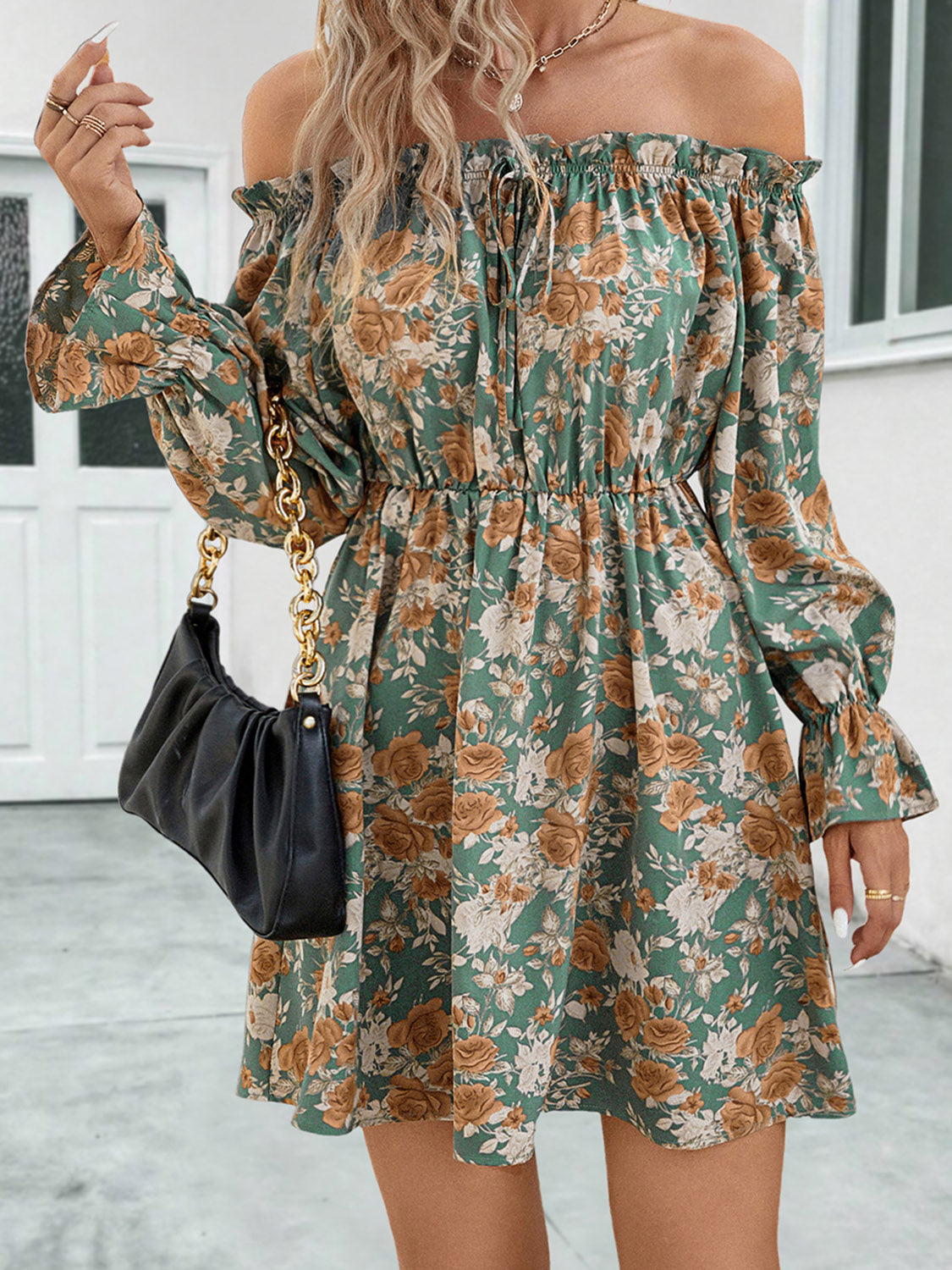 Faye Floral Off-Shoulder Flounce Sleeve Dress
