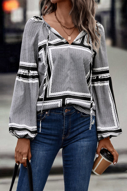 Gotham Printed Tie Neck Balloon Sleeve Blouse (Copy)