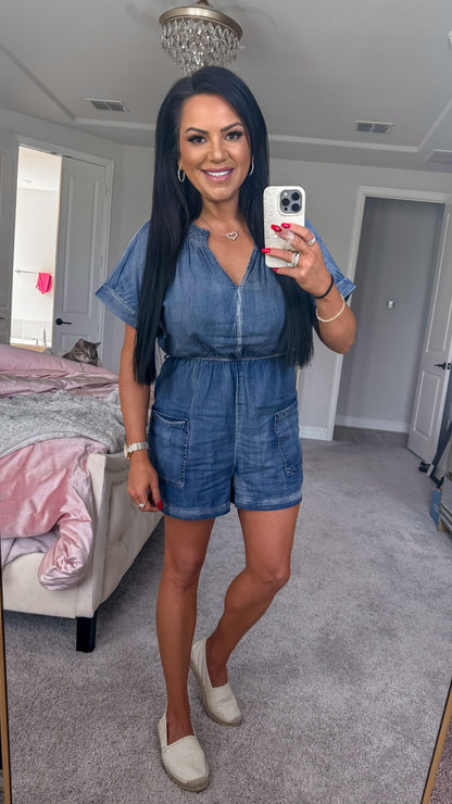 Melinda Notched Tie Waist Denim Romper (Copy)