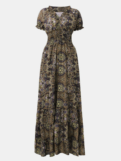 Lisbon Smocked Printed V-Neck Short Sleeve Dress (Copy)