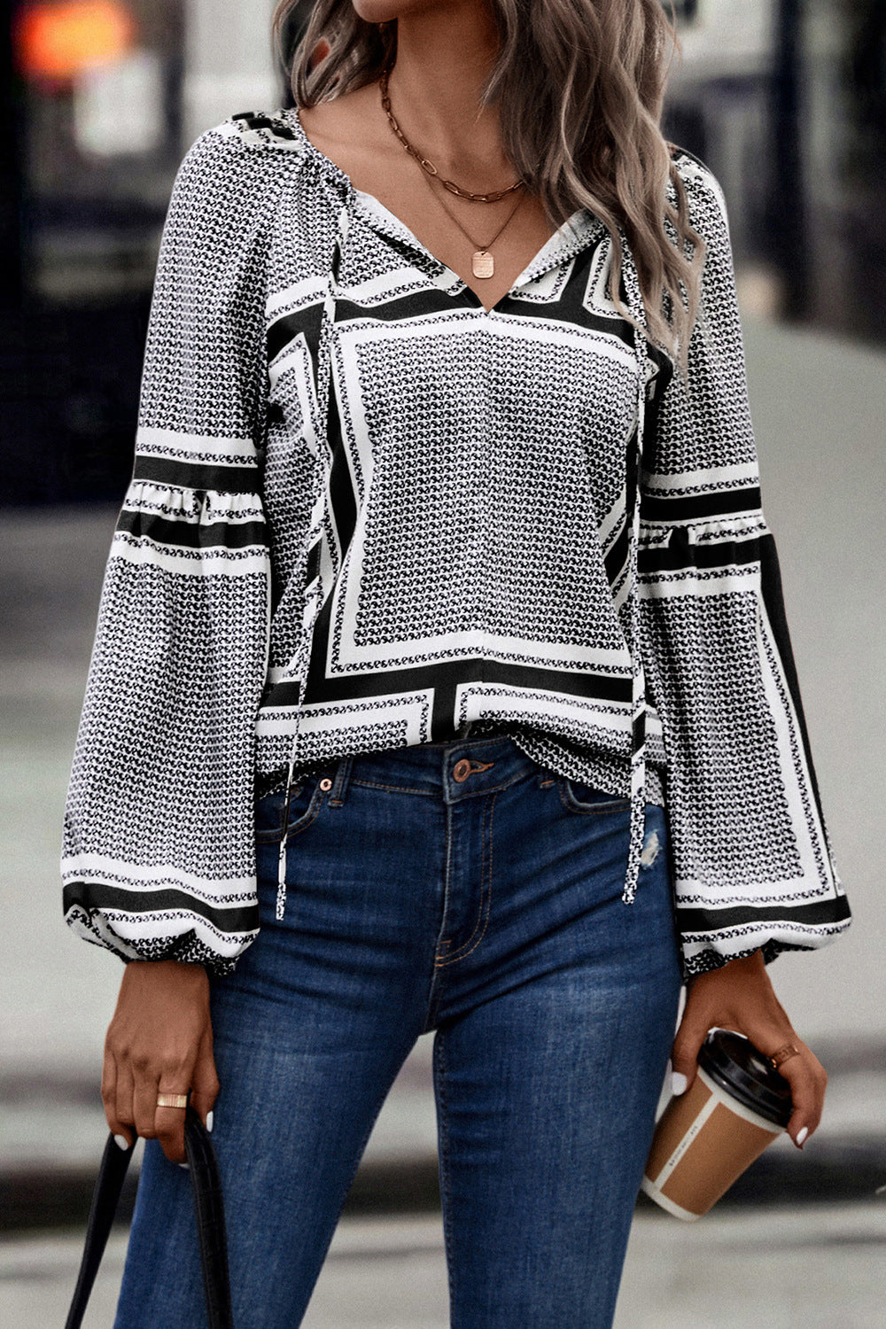 Gotham Printed Tie Neck Balloon Sleeve Blouse (Copy)