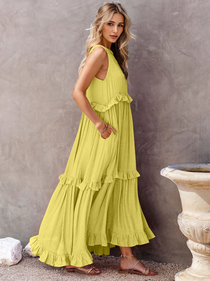 Ruffled Sleeveless Tiered Maxi Dress with Pockets (Copy)