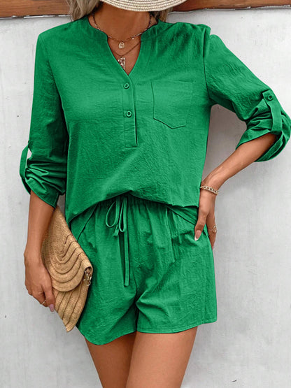 Botswana Notched Long Sleeve Top and Shorts Set (Copy)