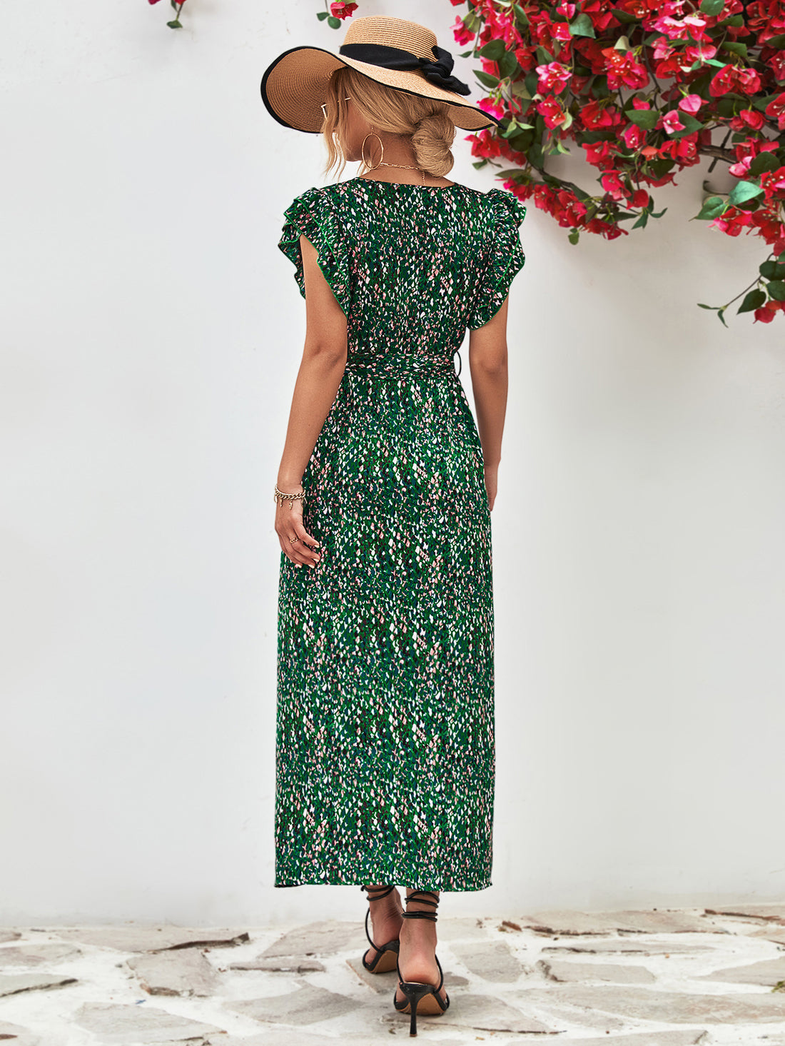 Ivy Printed Surplice Neck Flutter Sleeve Slit Dress