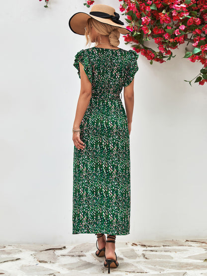 Ivy Printed Surplice Neck Flutter Sleeve Slit Dress