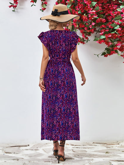 Ivy Printed Surplice Neck Flutter Sleeve Slit Dress