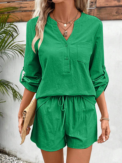 Botswana Notched Long Sleeve Top and Shorts Set (Copy)
