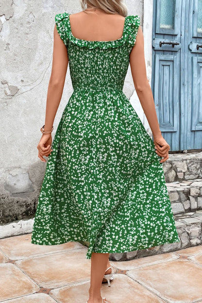 Jessica Printed Square Neck Ruffled Midi Dress