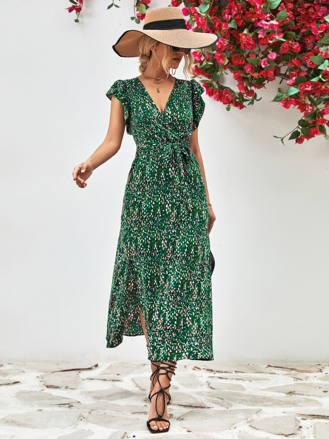 Ivy Printed Surplice Neck Flutter Sleeve Slit Dress