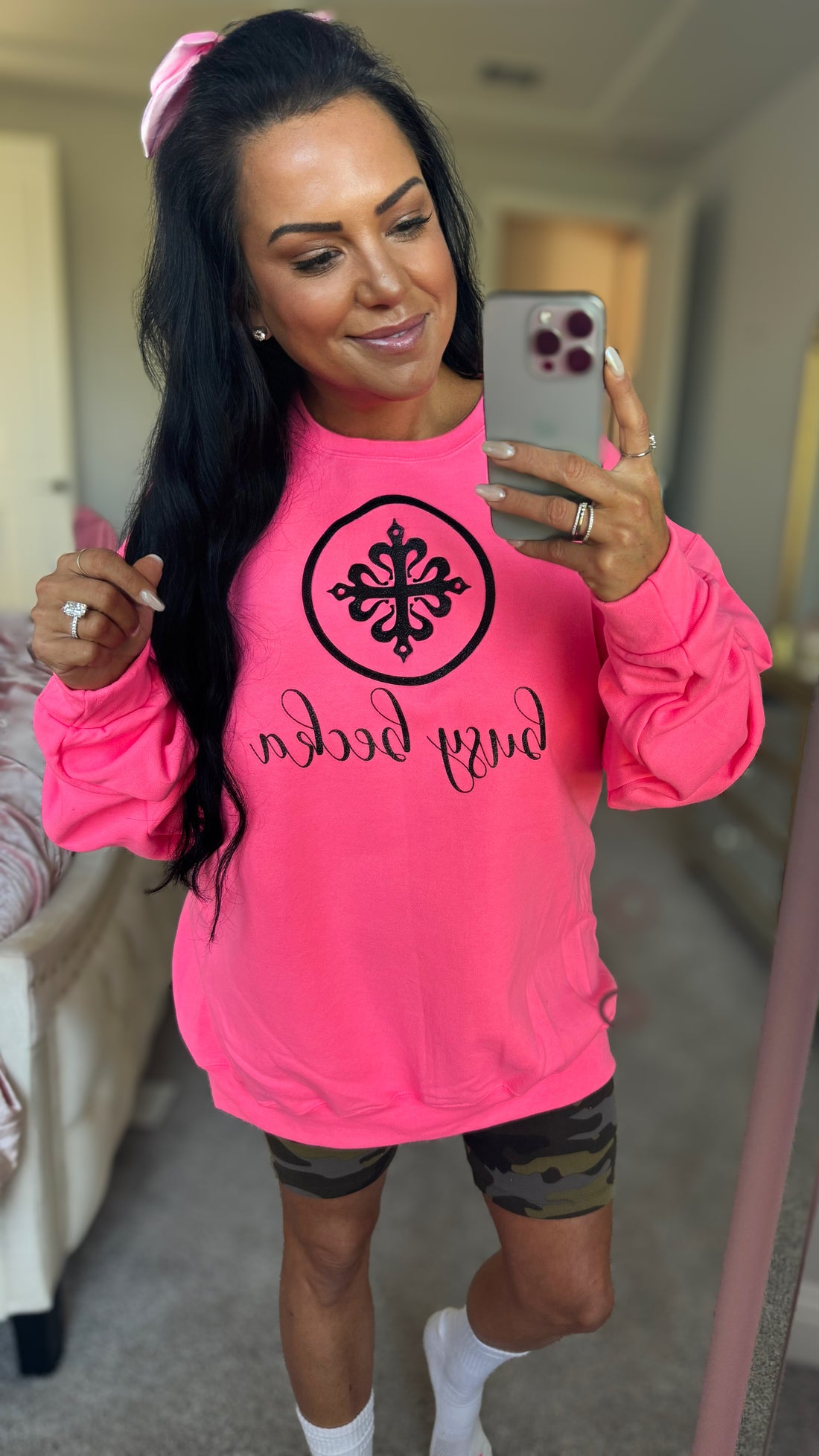 Busy Becka Custom Sweatshirt - Neon Pink &amp; Black Glitter