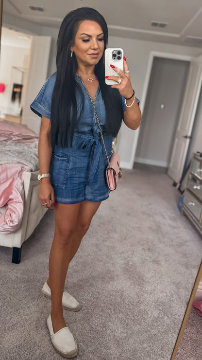 Melinda Notched Tie Waist Denim Romper (Copy)