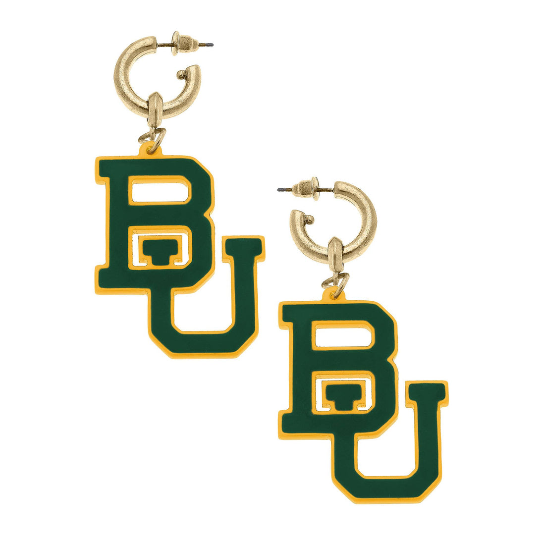 Baylor Bears Resin Logo Drop Hoop Earrings in Green/Gold