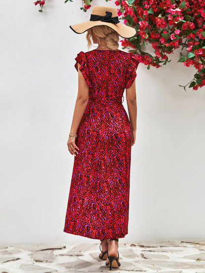 Ivy Printed Surplice Neck Flutter Sleeve Slit Dress