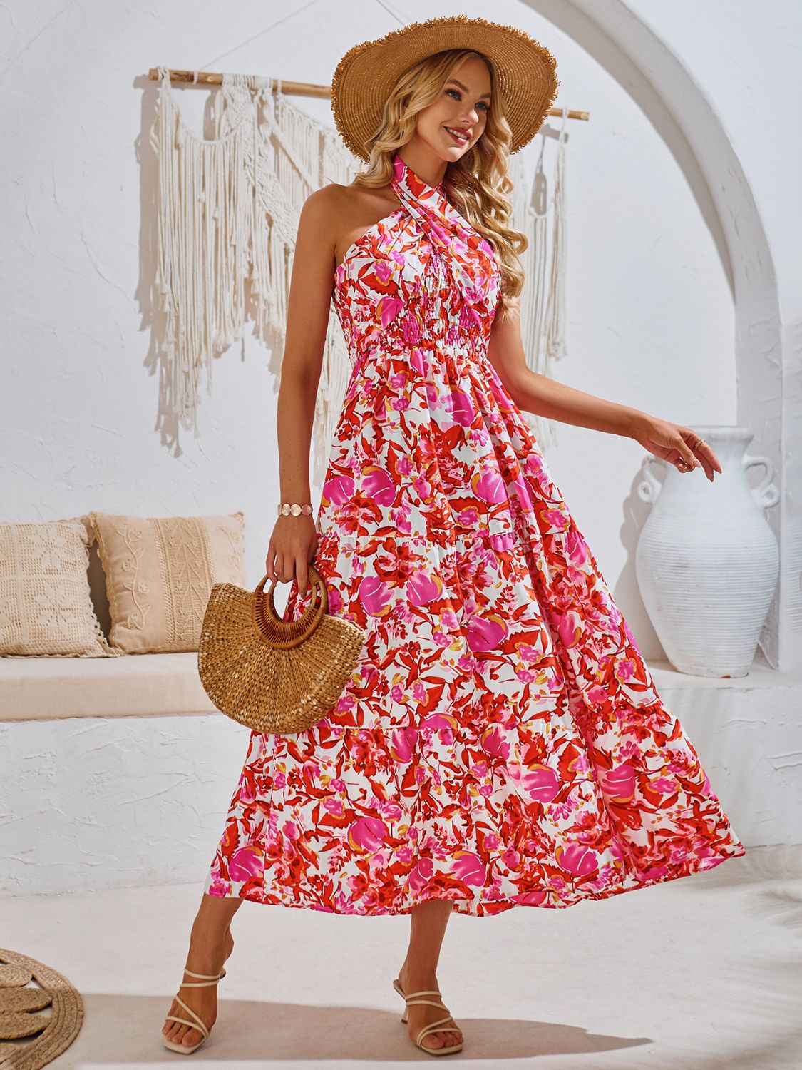 Spain Smocked Printed Sleeveless Dress