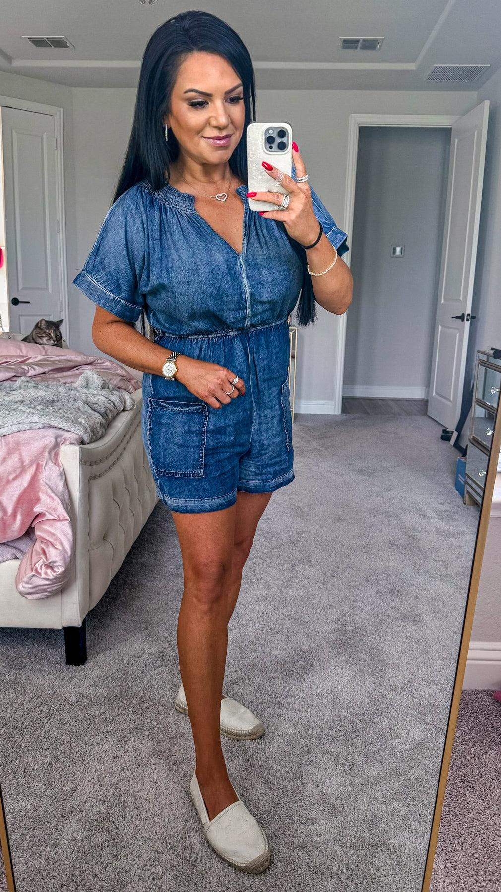 Melinda Notched Tie Waist Denim Romper (Copy)