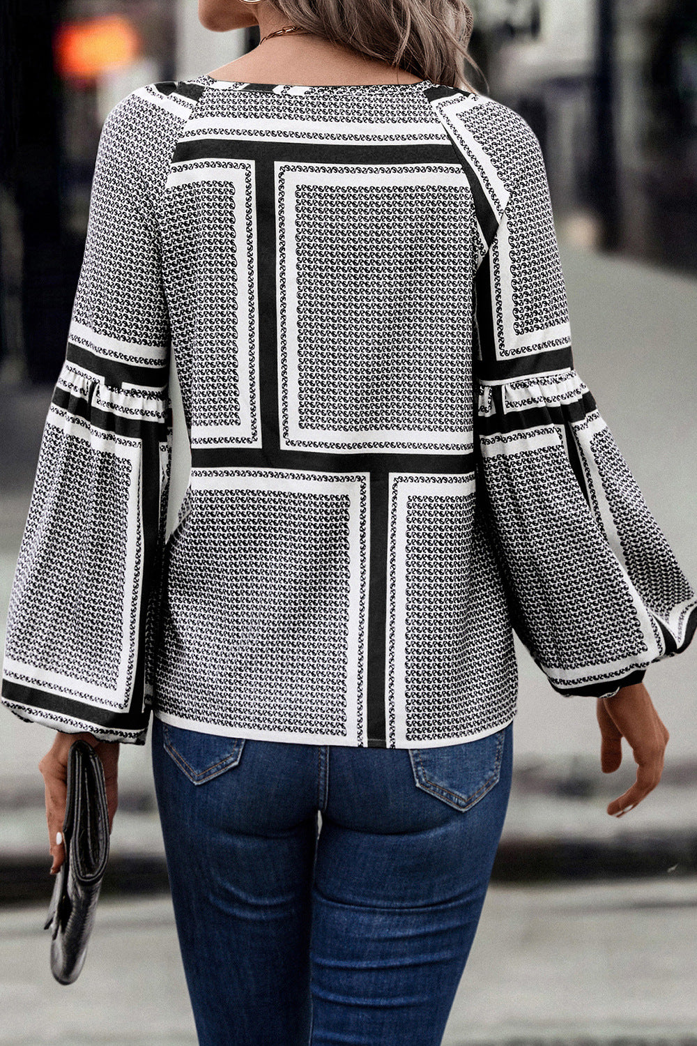 Gotham Printed Tie Neck Balloon Sleeve Blouse (Copy)