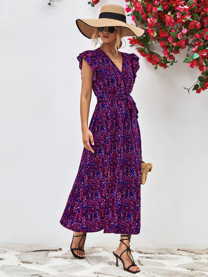 Ivy Printed Surplice Neck Flutter Sleeve Slit Dress