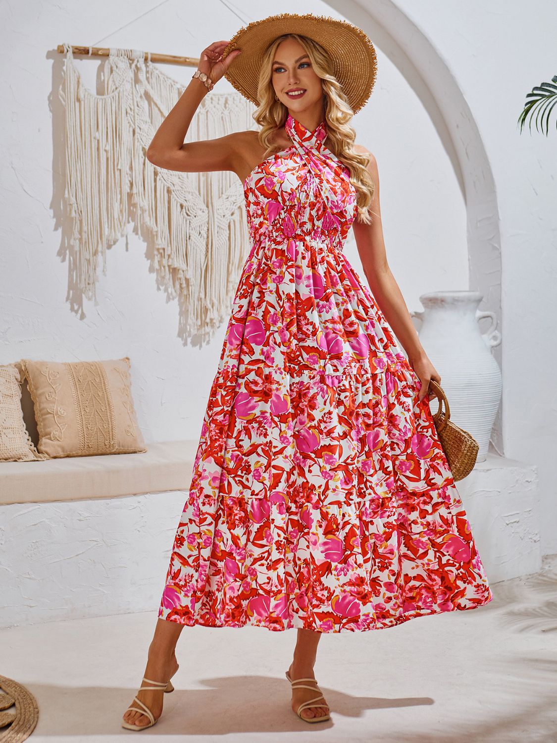 Spain Smocked Printed Sleeveless Dress