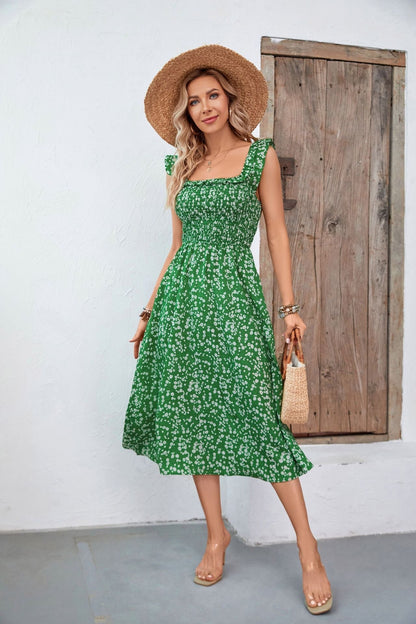 Jessica Printed Square Neck Ruffled Midi Dress