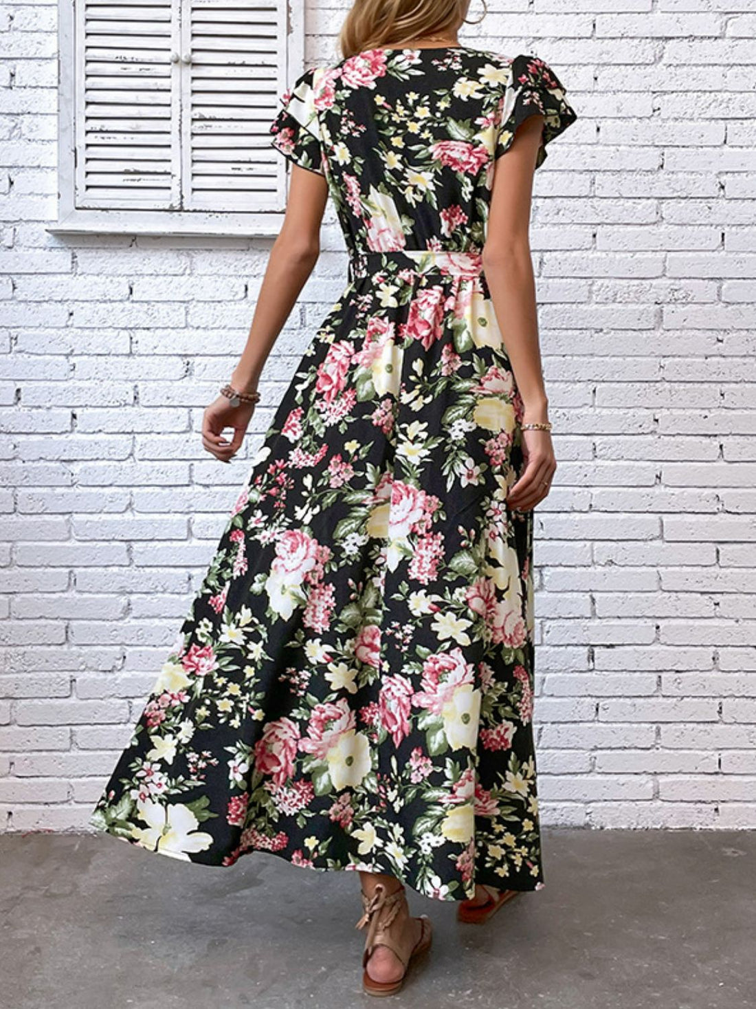 Falon Floral Flutter Sleeve Tie-Waist Split Dress (Copy)