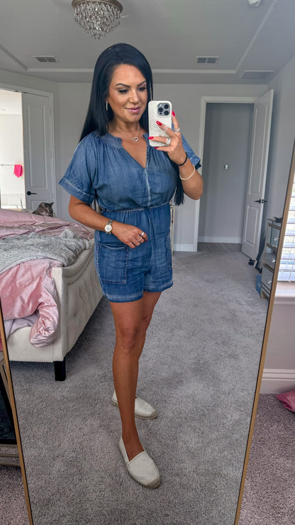 Melinda Notched Tie Waist Denim Romper (Copy)