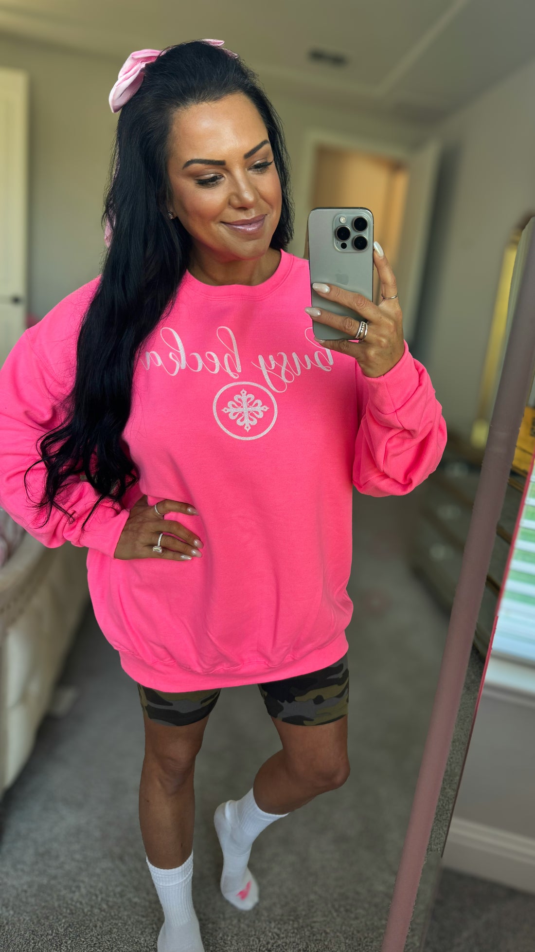 Busy Becka Custom Sweatshirt - Neon Pink &amp; White Glitter