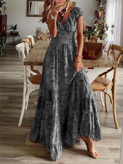 Lisbon Smocked Printed V-Neck Short Sleeve Dress (Copy)