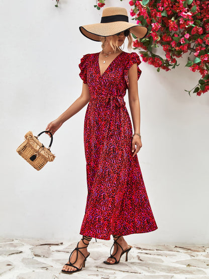 Ivy Printed Surplice Neck Flutter Sleeve Slit Dress