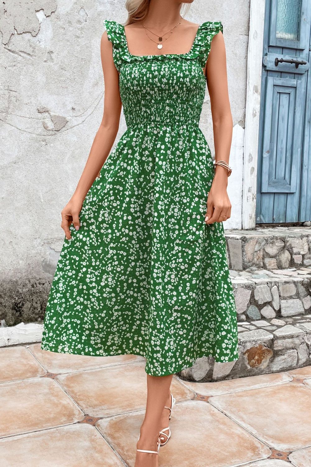 Jessica Printed Square Neck Ruffled Midi Dress