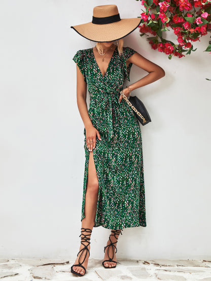 Ivy Printed Surplice Neck Flutter Sleeve Slit Dress