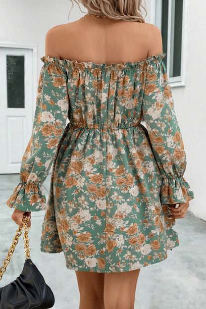 Faye Floral Off-Shoulder Flounce Sleeve Dress