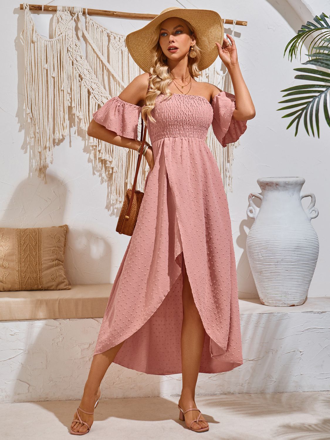 Florence High-Low Smocked Short Sleeve Midi Dress (Copy)