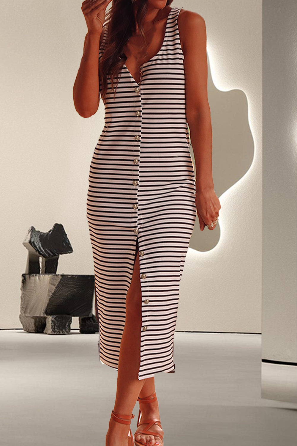 Striped Wide Strap Midi Dress (Copy)