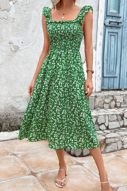 Jessica Printed Square Neck Ruffled Midi Dress