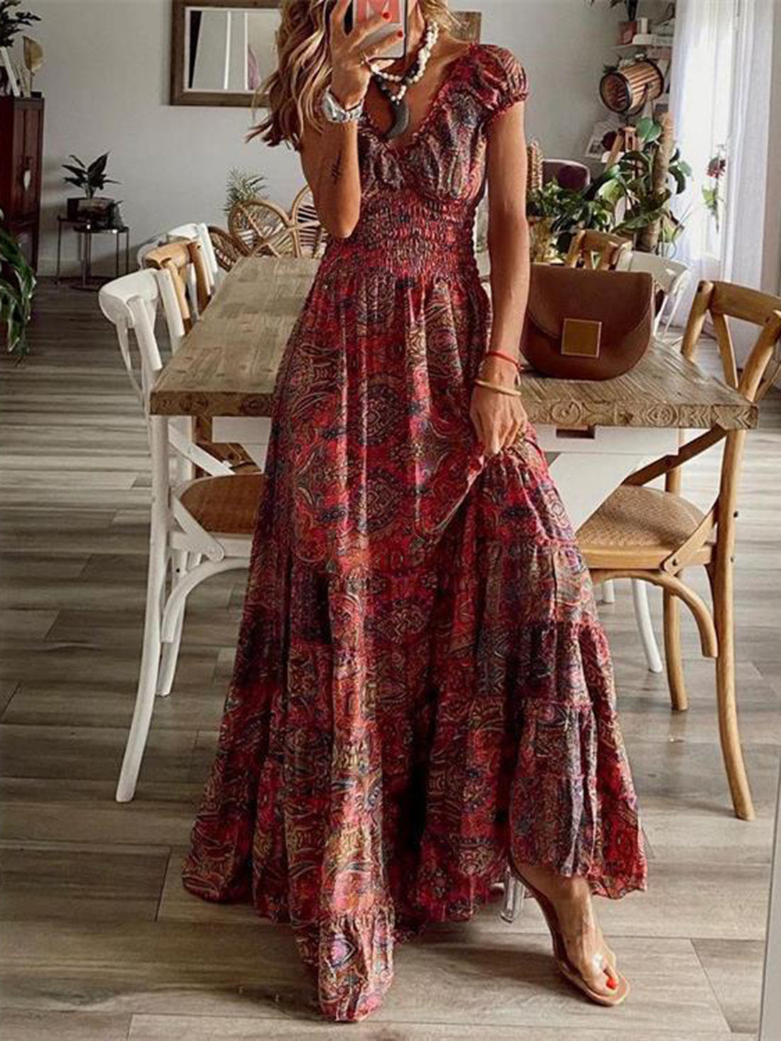 Lisbon Smocked Printed V-Neck Short Sleeve Dress (Copy)