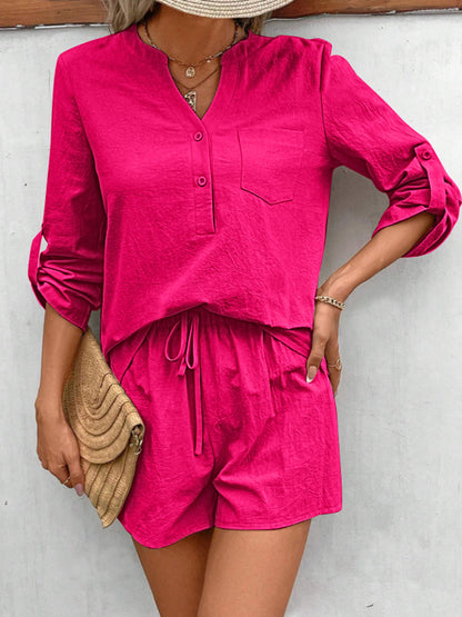 Botswana Notched Long Sleeve Top and Shorts Set (Copy)