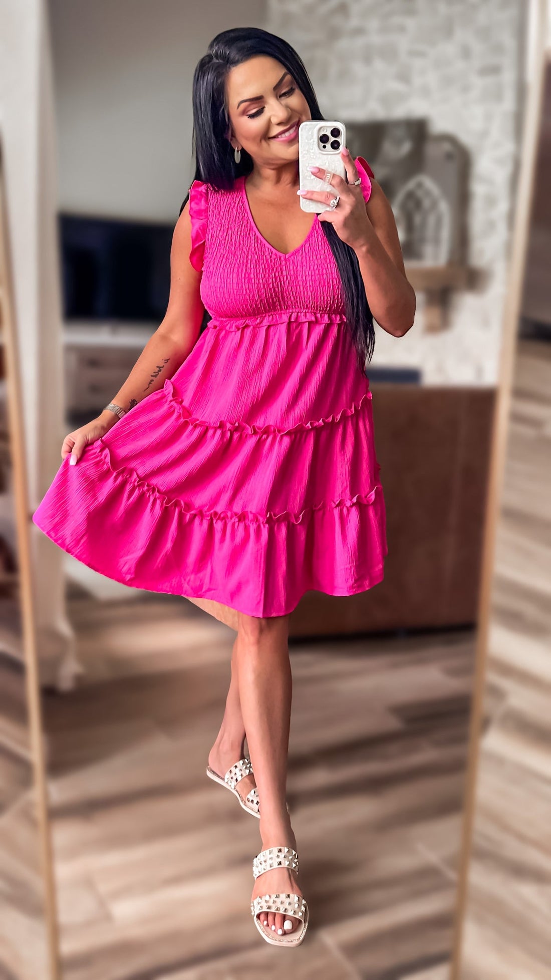 Reza Smocked Frill Trim Deep V Dress (Copy)