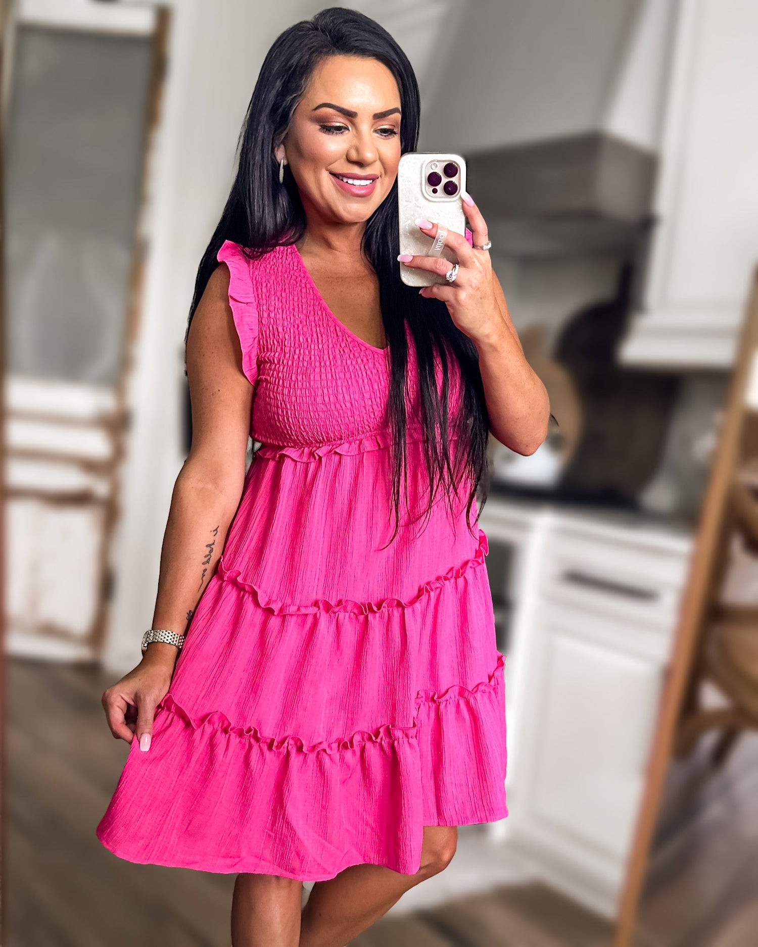 Reza Smocked Frill Trim Deep V Dress (Copy)
