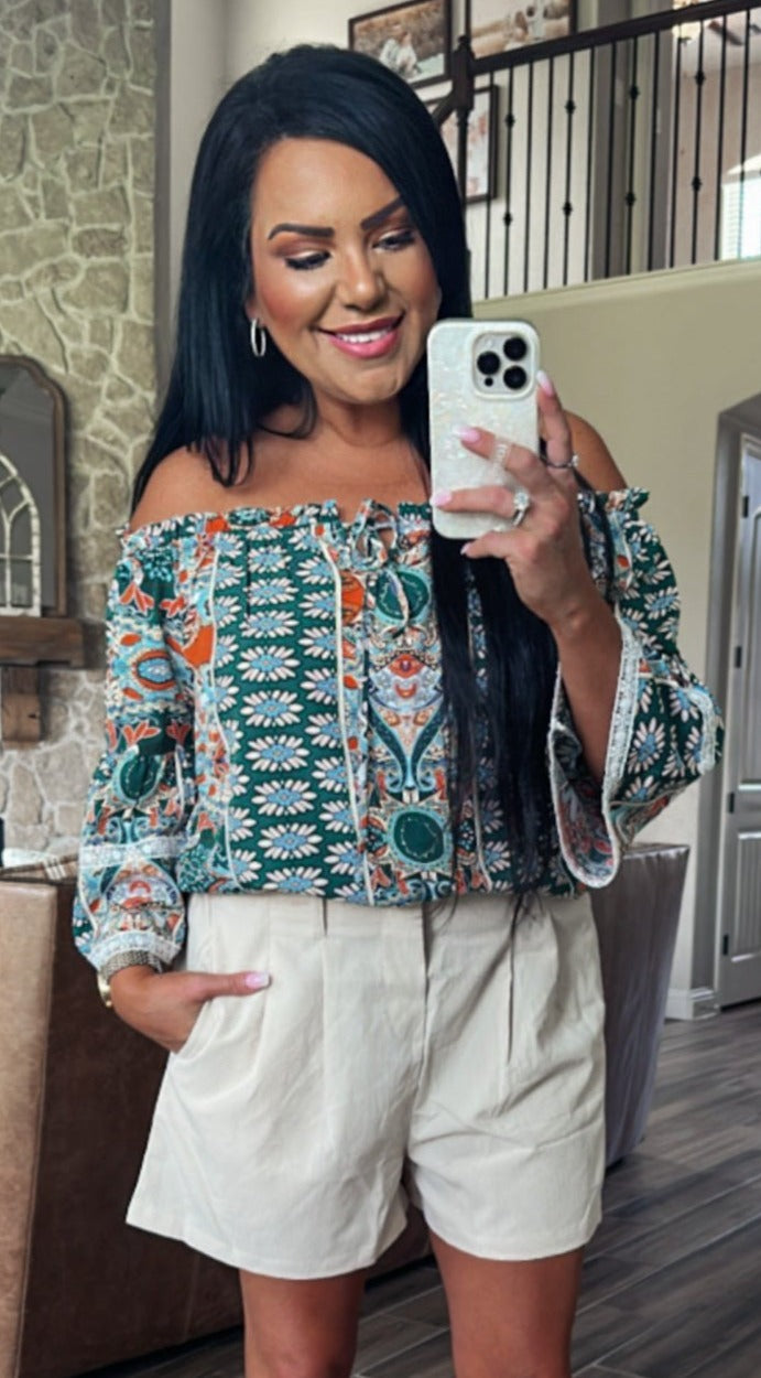 Festival Printed Frill Trim Off-Shoulder Blouse (Copy)