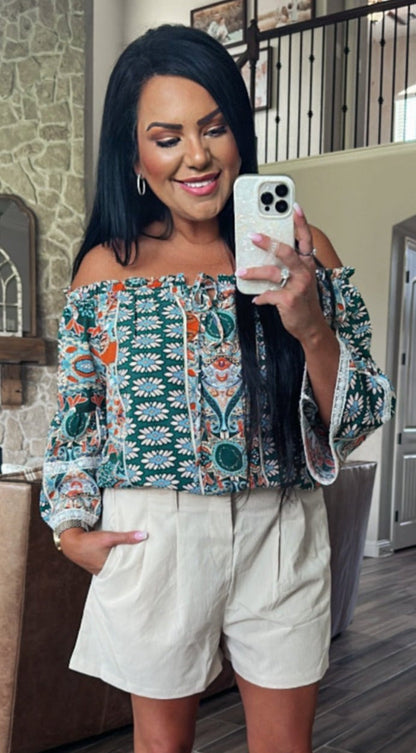 Festival Printed Frill Trim Off-Shoulder Blouse (Copy)