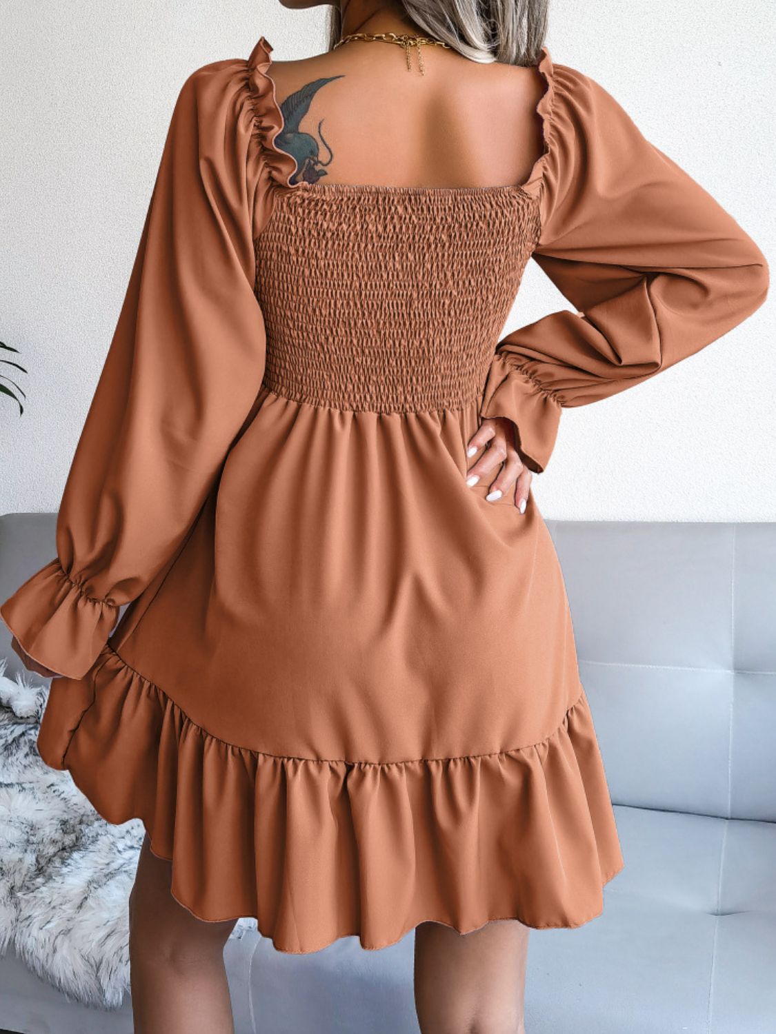 Hilary Smocked Flounce Sleeve Square Neck Dress (Copy)