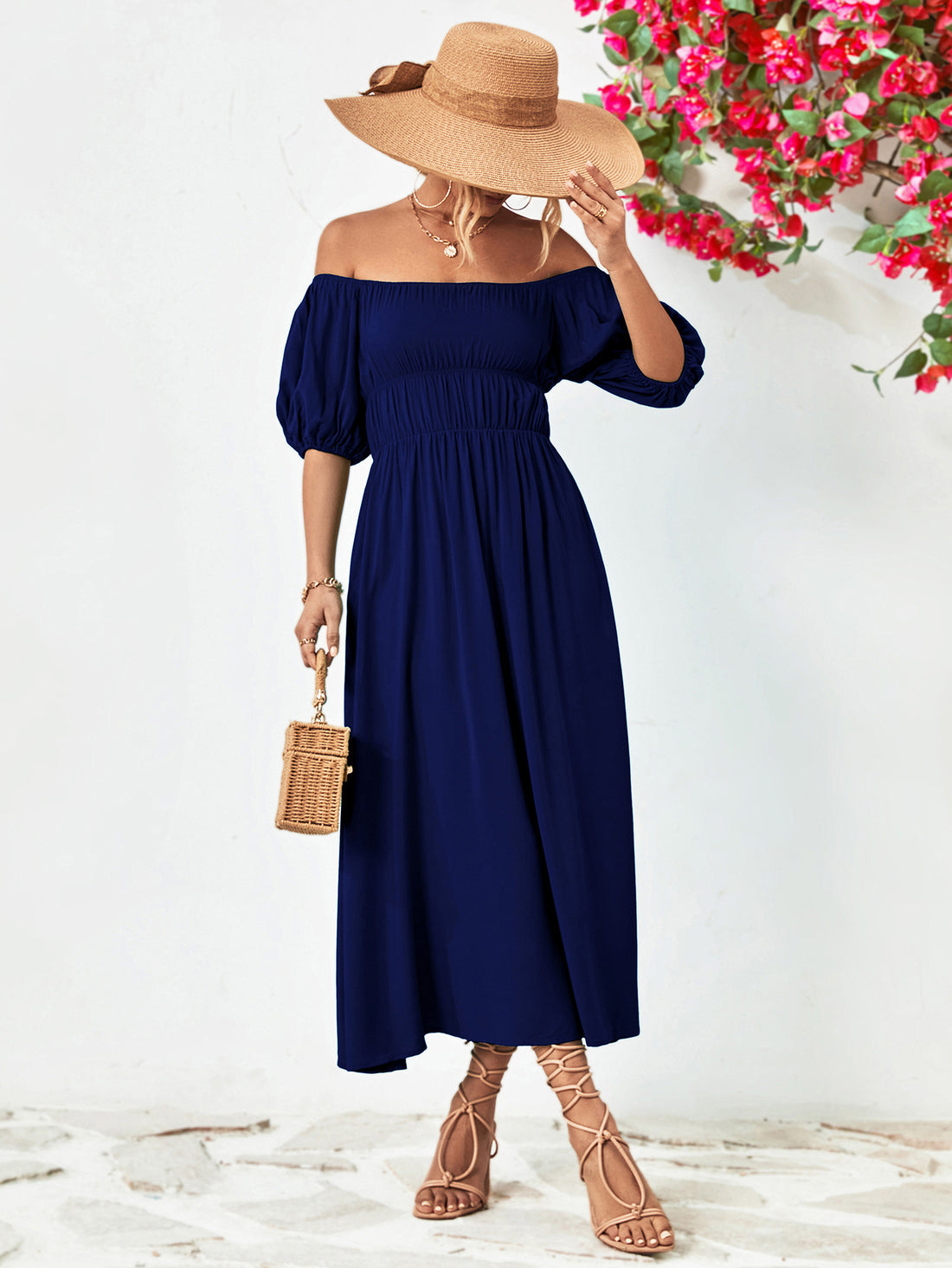 Nicola Off-Shoulder Balloon Sleeve Midi Dress (Copy)
