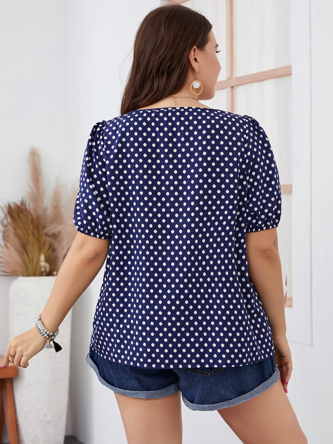 Henley Plus Size Polka Dot Square Neck Blouse (Copy)