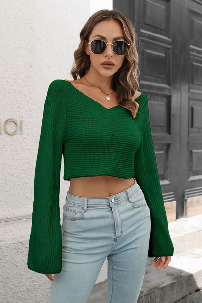 Michelle  Cropped V-Neck Flare Sleeve Knit Top