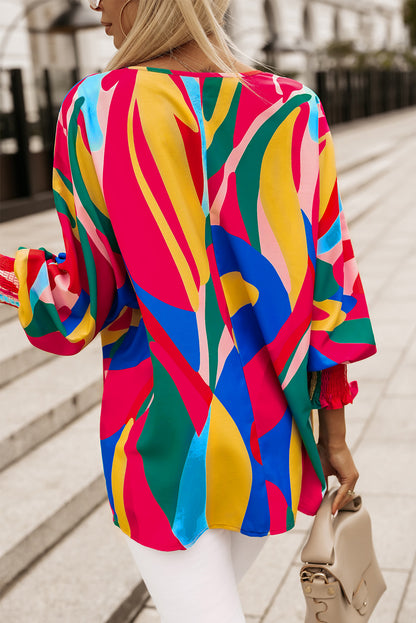 Andy Printed Round Neck Smocked Wrist Lantern Sleeve Blouse (Copy)