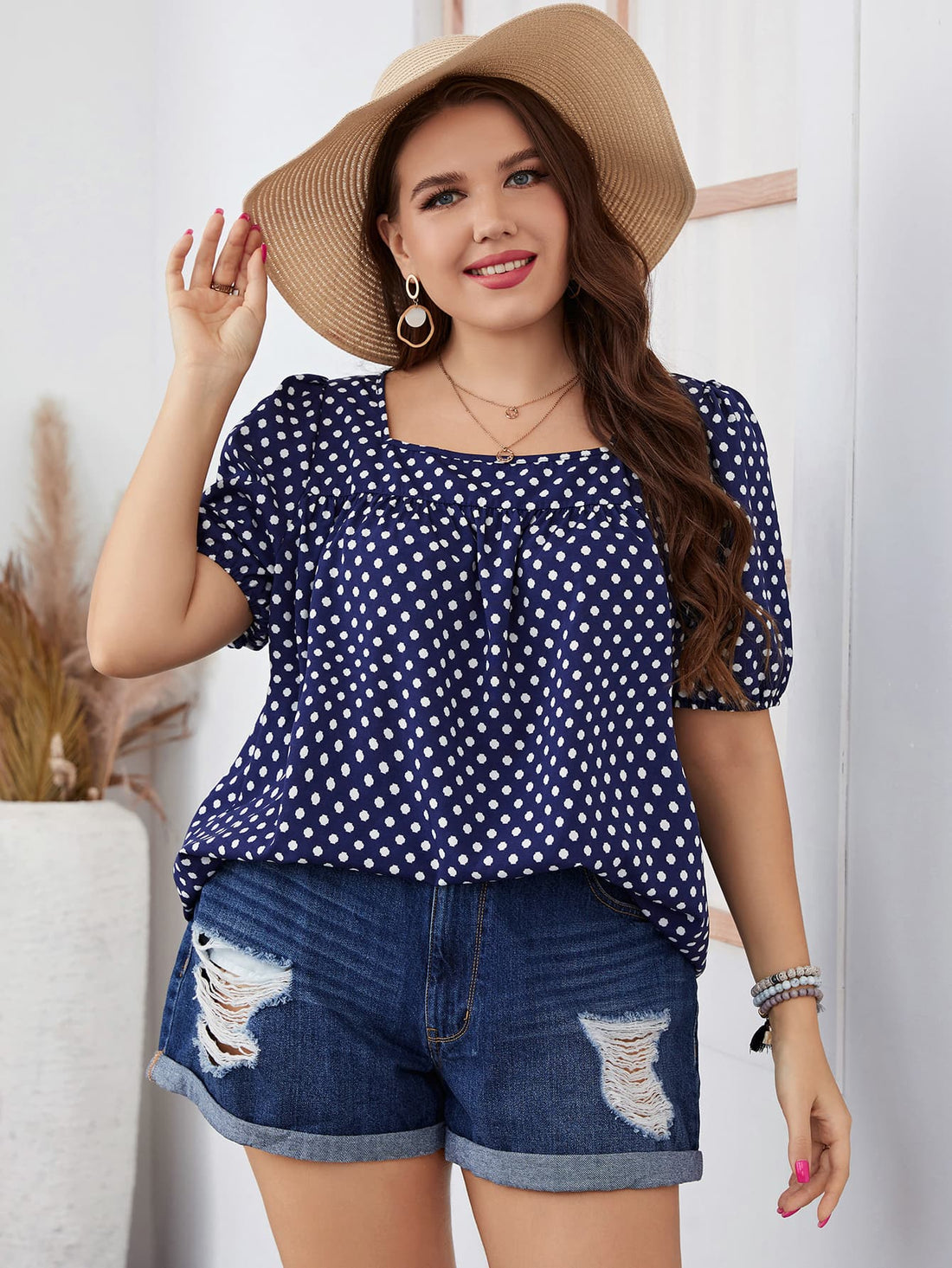 Henley Plus Size Polka Dot Square Neck Blouse (Copy)