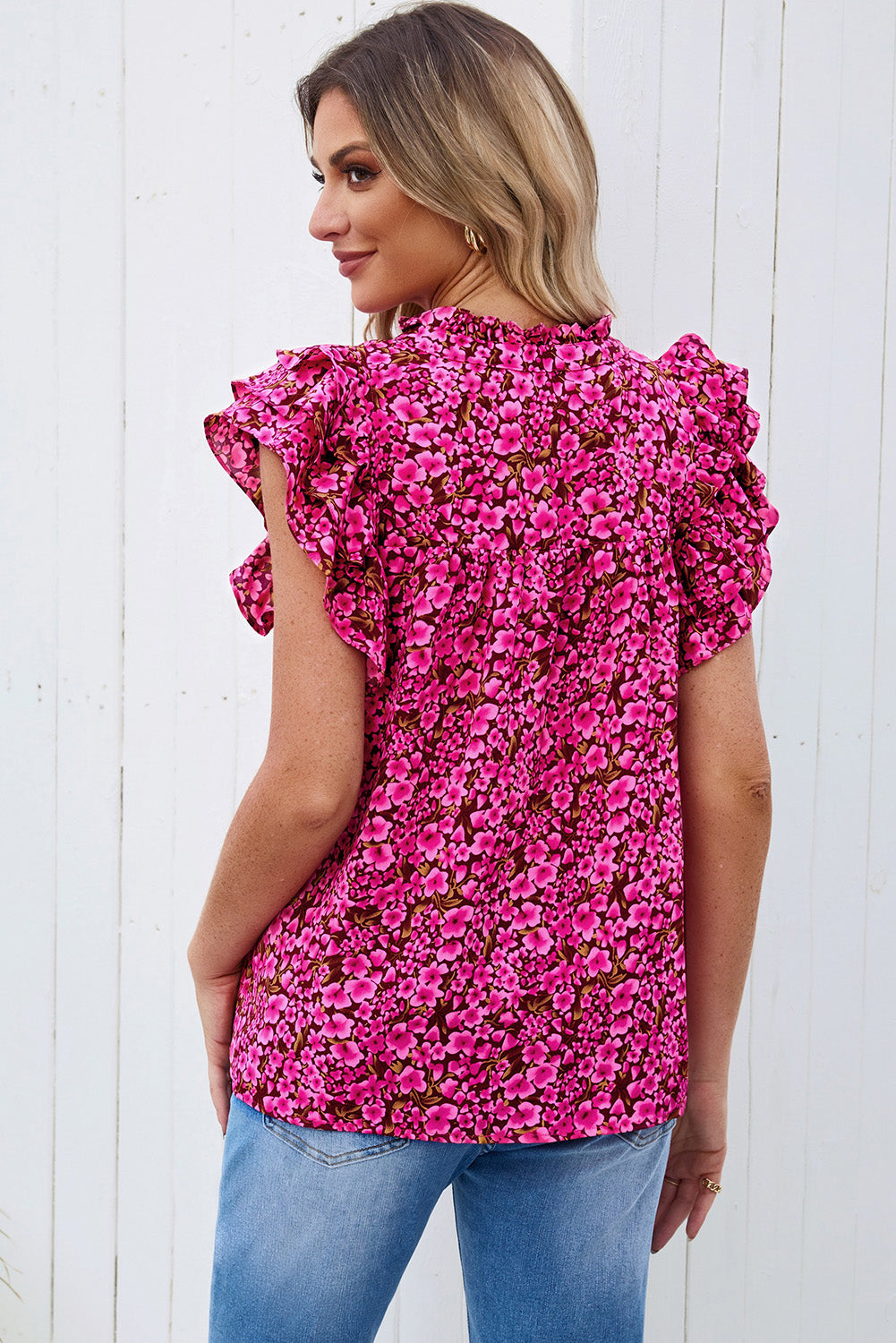 Winnie Floral Flutter Sleeve Notched Neck Blouse (Copy)