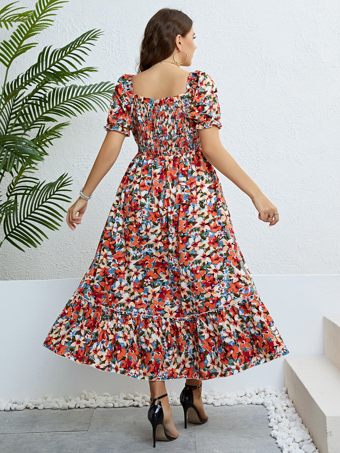 Gemma Plus Size Floral Smocked Square Neck Dress (Copy)