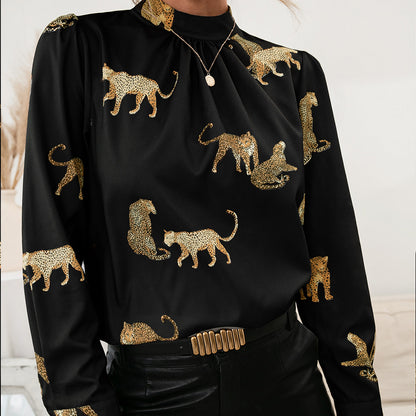 Fifi Leopard Graphic Mock Neck Puff Sleeve Blouse (Copy)